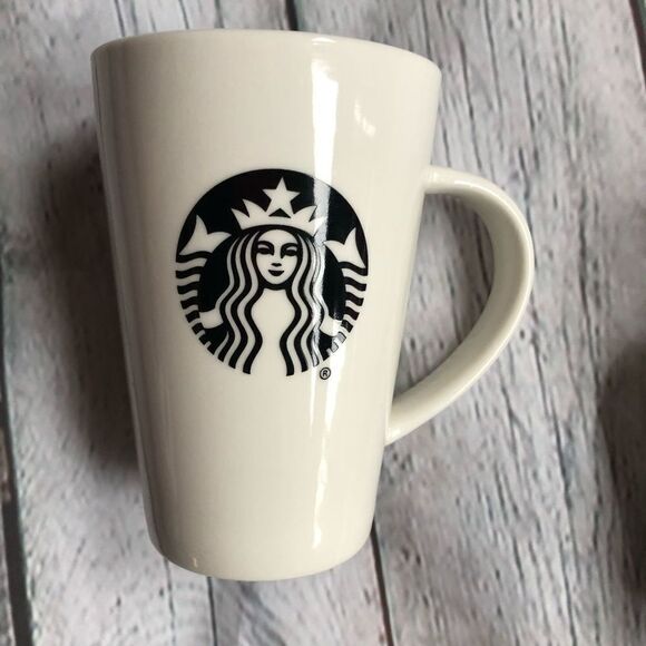 STARBUCKS 12OZ White Coffee Mug Black Logo Set Of 2 - Picture 5 of 6